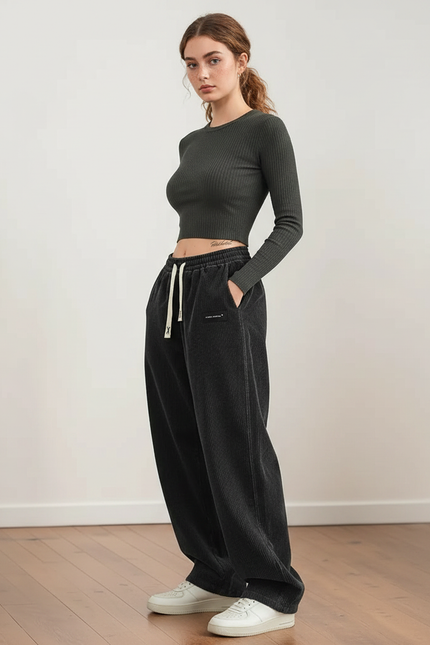 Pantalon Parachute Côtelé Noir Ample Décontracté Femme - Cordé