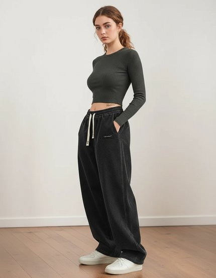 Pantalon Parachute Côtelé Noir Ample Décontracté Femme - Cordé