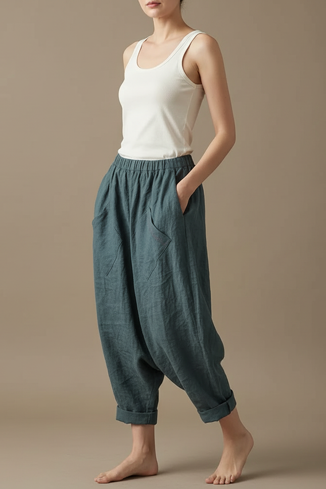 Pantalon Parachute Lin Ample Sarouel Vert Décontracté Femme
