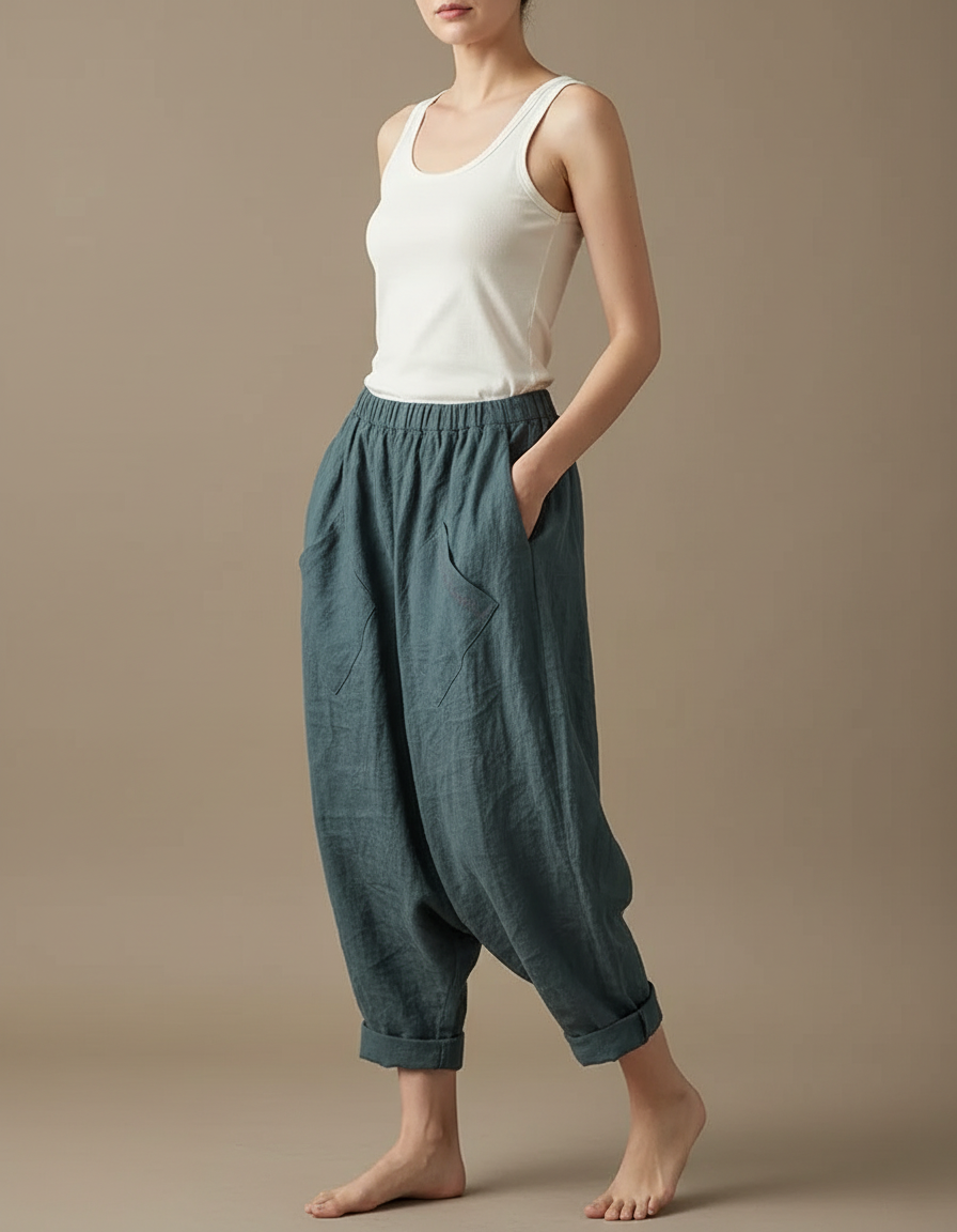 Pantalon Parachute Lin Ample Sarouel Vert Décontracté Femme