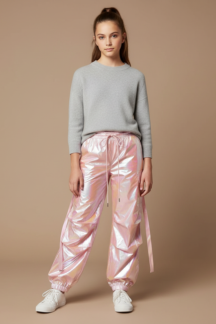 Pantalon Parachute Rose Holographique Cargo Ample Femme - Polyester