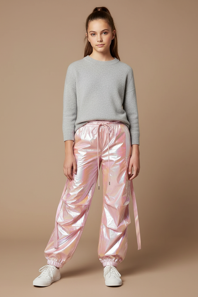 Pantalon Parachute Rose Holographique Cargo Ample Femme - Polyester