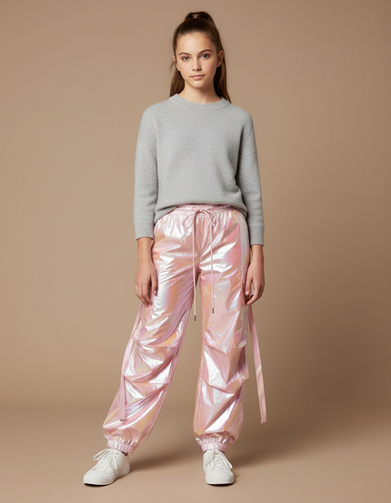 Pantalon Parachute Rose Holographique Cargo Ample Femme - Polyester