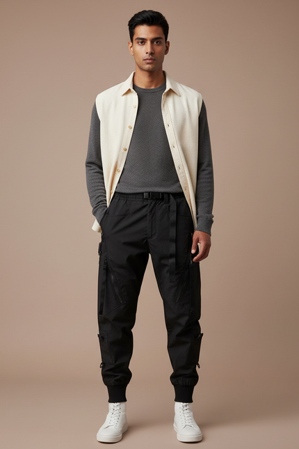 Pantalon Parachute Noir Cargo Multipoches Fonctionnel Homme - Polyester