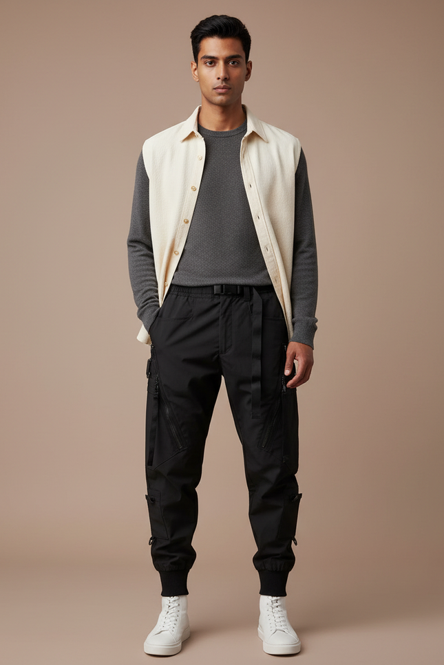 Pantalon Parachute Noir Cargo Multipoches Fonctionnel Homme - Polyester