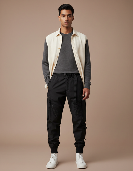Pantalon Parachute Noir Cargo Multipoches Fonctionnel Homme - Polyester