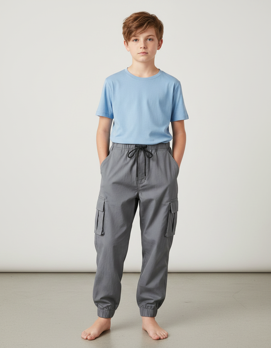 Pantalon Parachute Gris Cargo Ample Coton Garçon - Toile