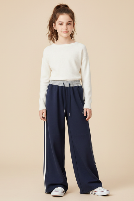 Pantalon Parachute Bleu Marine Ample Rayures Blanches Sport - Molleton