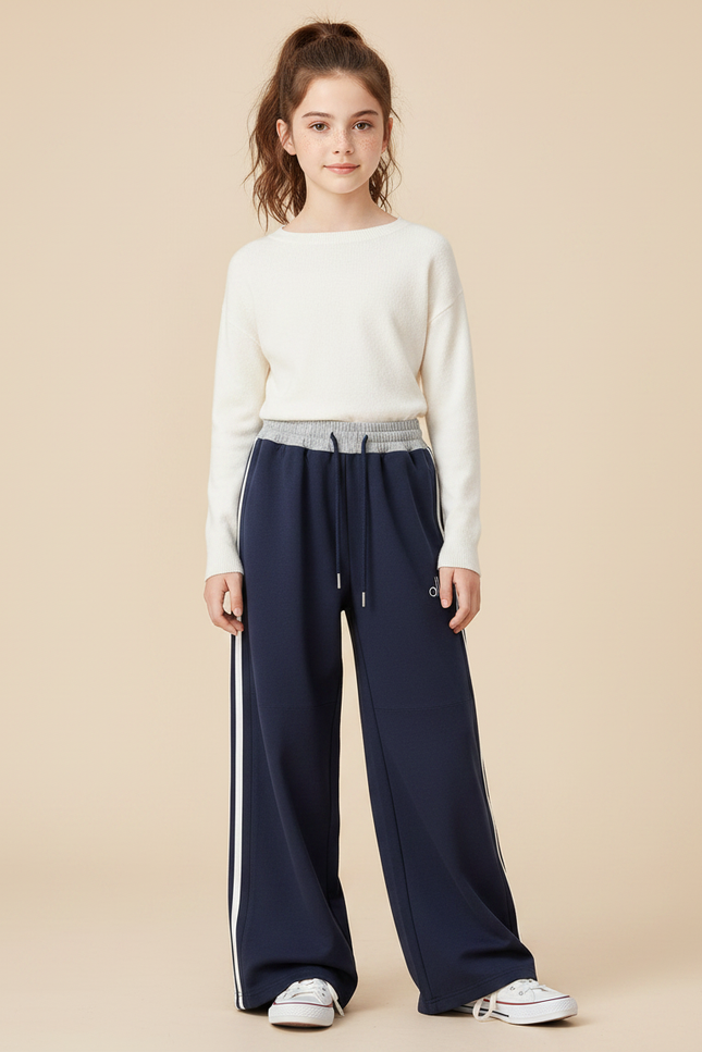 Pantalon Parachute Bleu Marine Ample Rayures Blanches Sport - Molleton