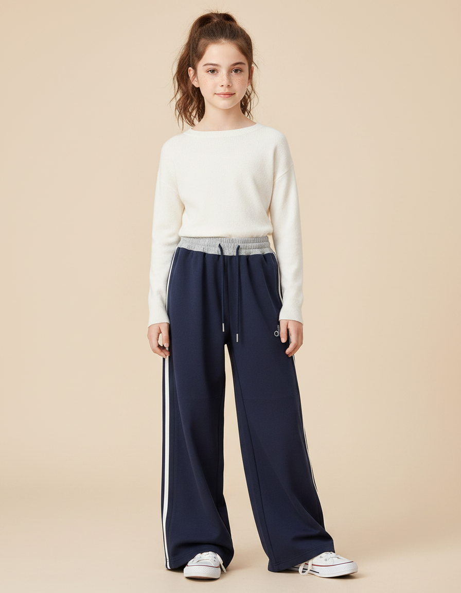 Pantalon Parachute Bleu Marine Ample Rayures Blanches Sport - Molleton