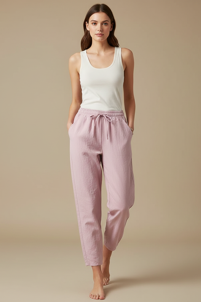 Pantalon Parachute Rose Lin Ample Décontracté Femme