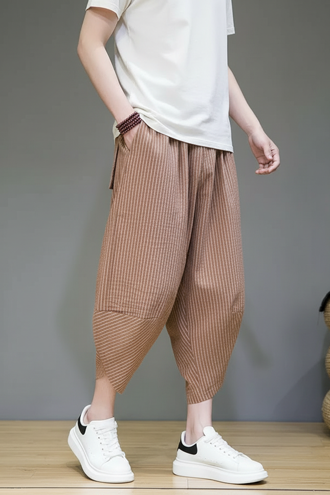 Pantalon Parachute Rayé Marron Ample Coton Harajuku