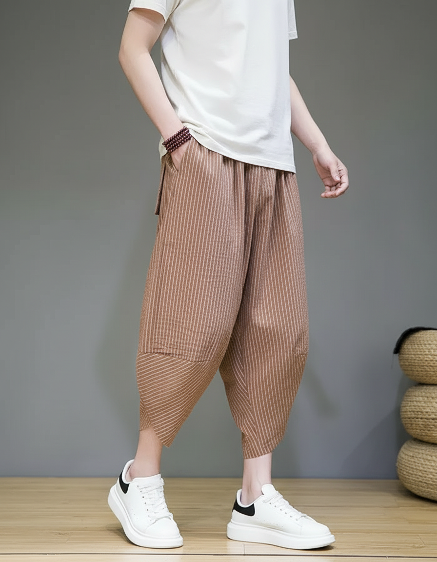 Pantalon Parachute Rayé Marron Ample Coton Harajuku