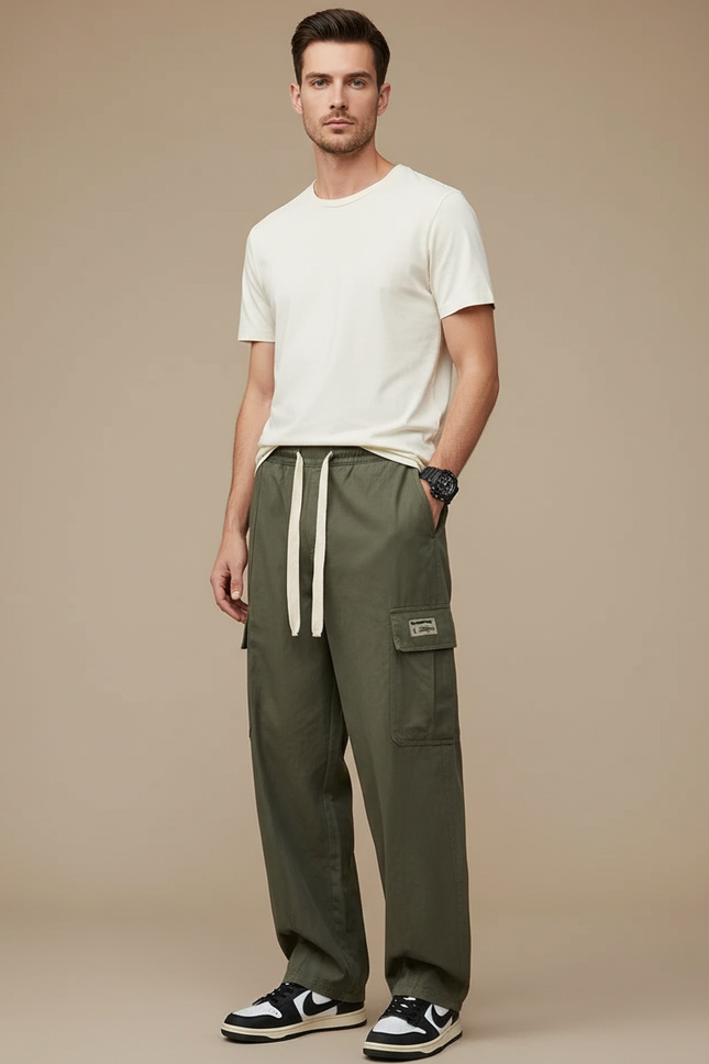 Pantalon Parachute Kaki Cargo Ample Cordon Homme Coton
