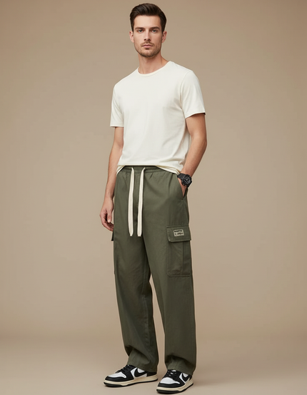 Pantalon Parachute Kaki Cargo Ample Cordon Homme Coton