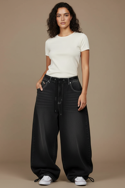 Pantalon Parachute Femme Noir Baggy Toile - Jean