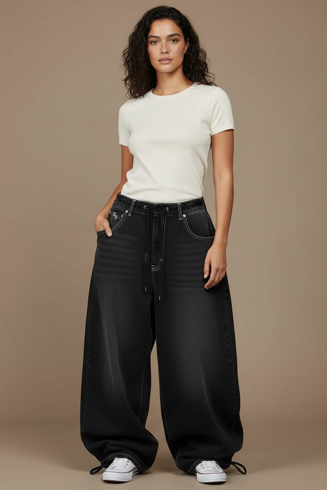 Pantalon Parachute Femme Noir Baggy Toile - Jean