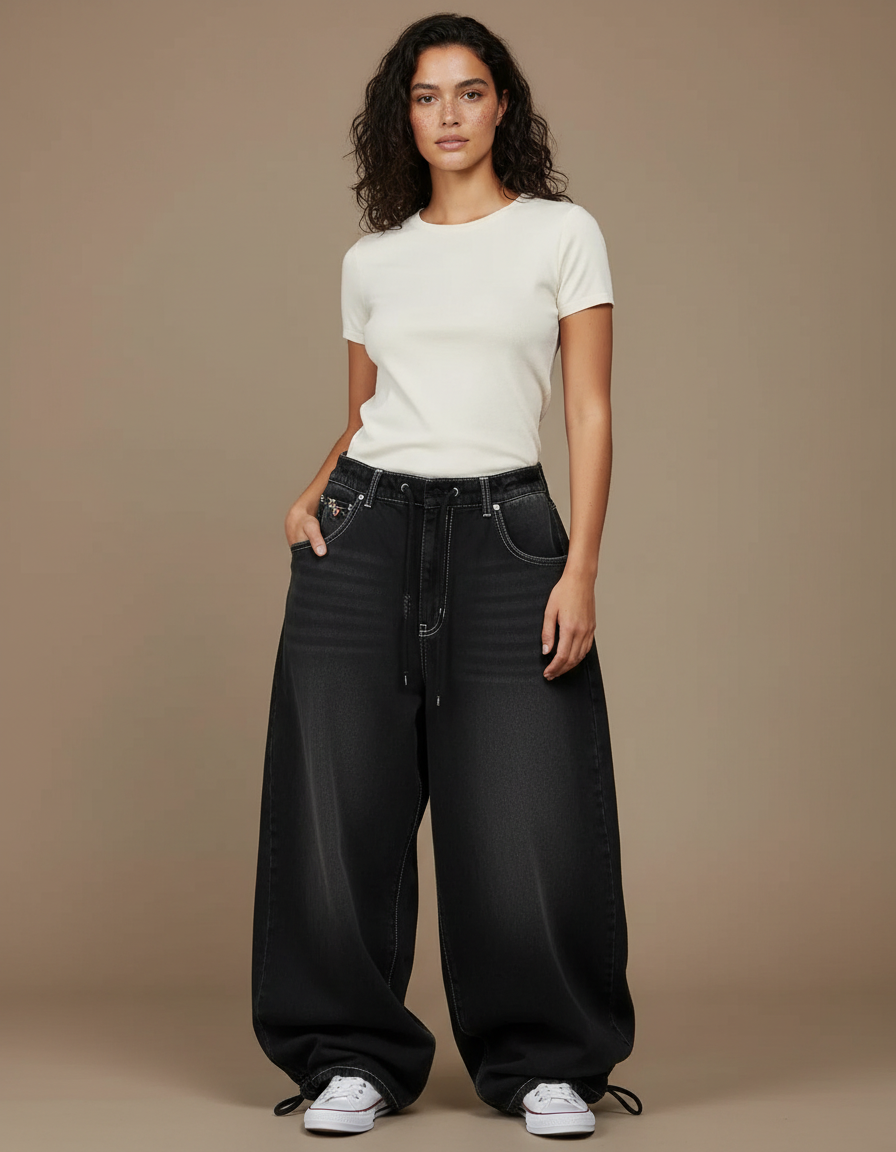 Pantalon Parachute Femme Noir Baggy Toile - Jean