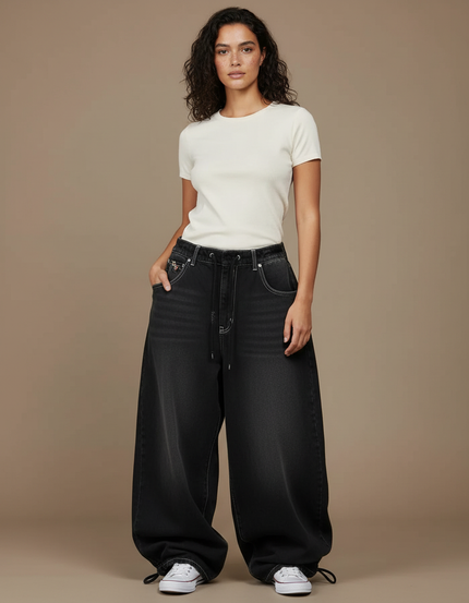 Pantalon Parachute Femme Noir Baggy Toile - Jean