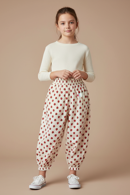 Pantalon Parachute Fraises Coton Ample Enfant Blanc