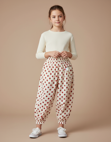 Pantalon Parachute Fraises Coton Ample Enfant Blanc