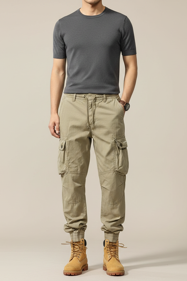 Pantalon Parachute Cargo Ample Coton Beige Homme