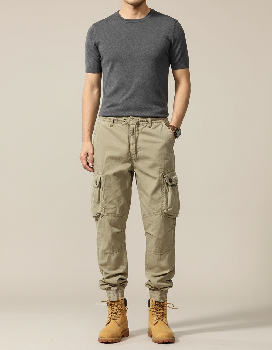 Pantalon Parachute Cargo Ample Coton Beige Homme