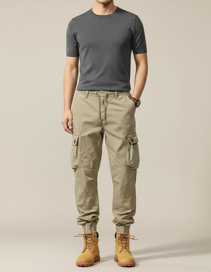 Pantalon Parachute Cargo Ample Coton Beige Homme