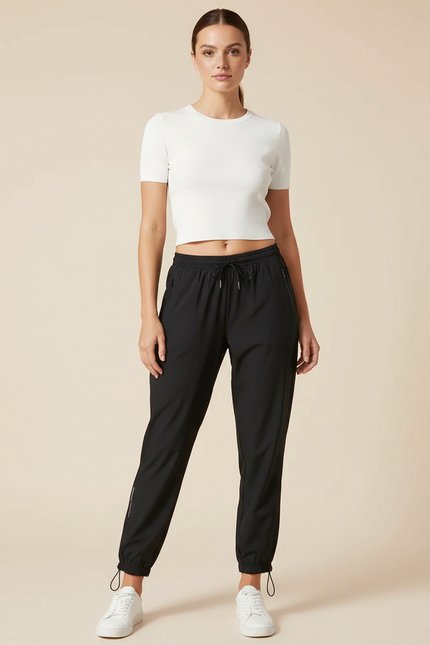 Pantalon Parachute Noir Ample Sport Cordon Femme - Polyester