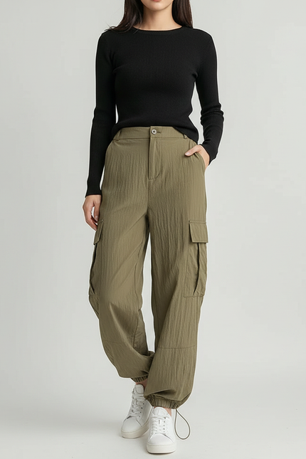 Pantalon Parachute Kaki Ample Cargo Côtelé Femme - Polyester