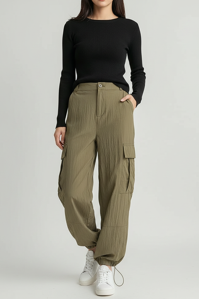 Pantalon Parachute Kaki Ample Cargo Côtelé Femme - Polyester