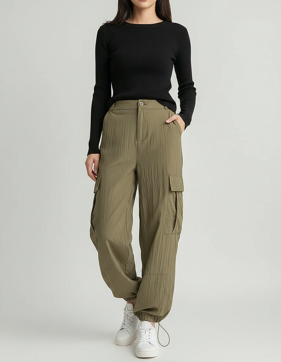 Pantalon Parachute Kaki Ample Cargo Côtelé Femme - Polyester