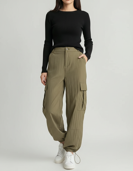 Pantalon Parachute Kaki Ample Cargo Côtelé Femme - Polyester
