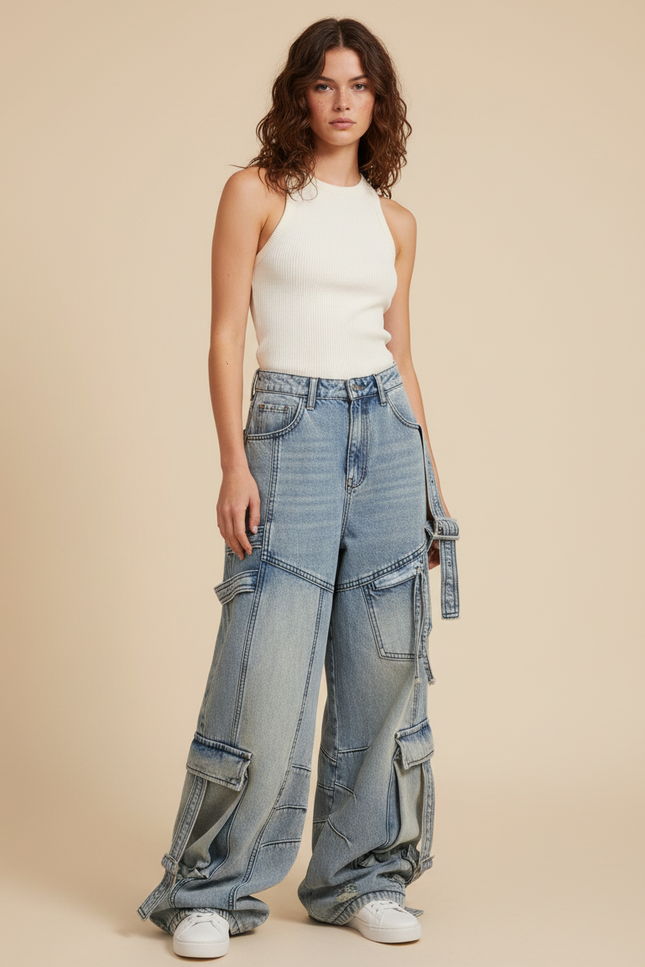 Pantalon Parachute Jean Ample Délavé Multipoches Ajustable - Bleu