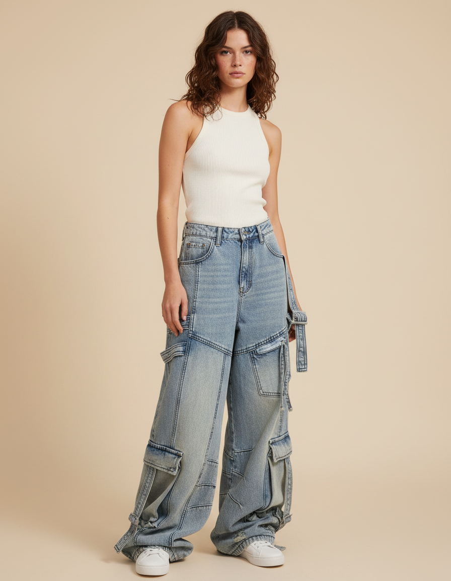 Pantalon Parachute Jean Ample Délavé Multipoches Ajustable - Bleu