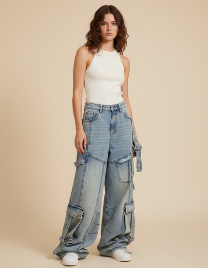 Pantalon Parachute Jean Ample Délavé Multipoches Ajustable - Bleu