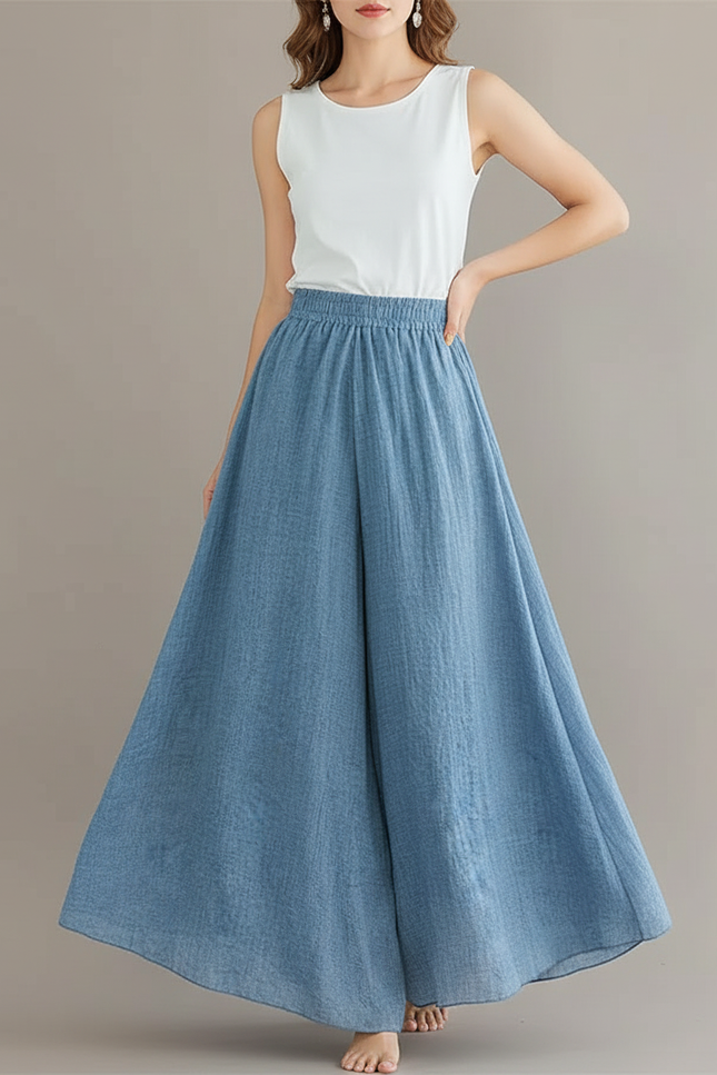 Pantalon Parachute Bleu Lin Ample Décontracté Femme