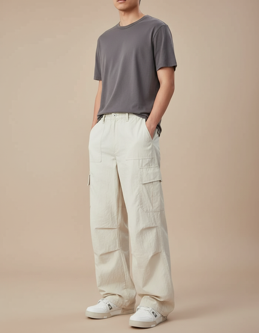 Pantalon Parachute Blanc Homme - Beige Polyester