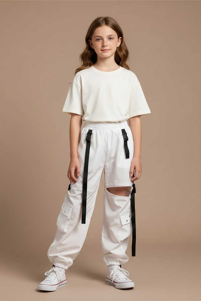 Pantalon Parachute Blanc Cargo Déchiré Streetwear Fille - Polyester