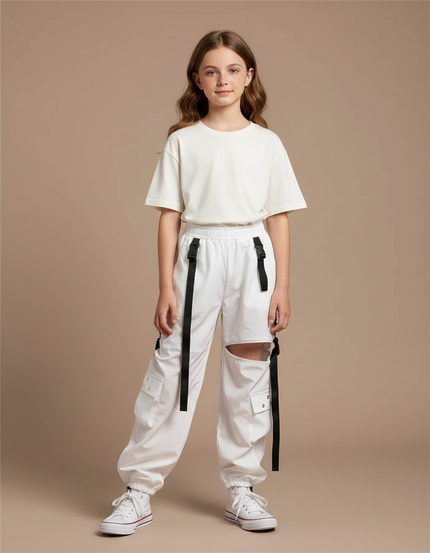 Pantalon Parachute Blanc Cargo Déchiré Streetwear Fille - Polyester
