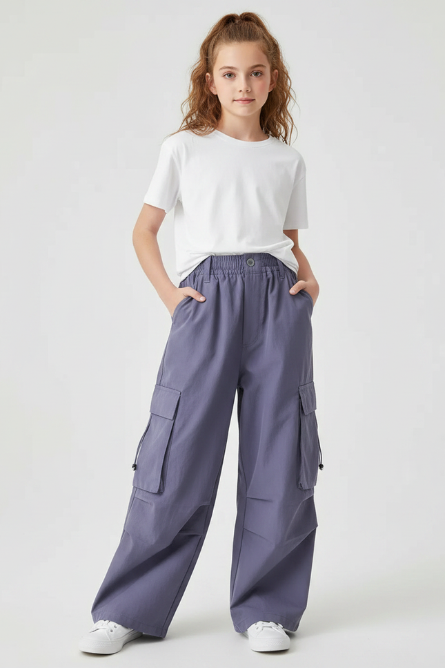 Pantalon Parachute Cargo Ample Fille Décontracté Violet - Polyester