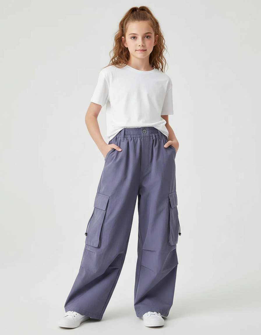 Pantalon Parachute Cargo Ample Fille Décontracté Violet - Polyester