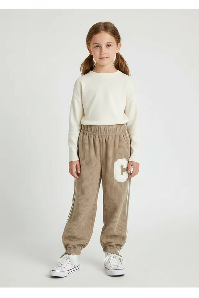 Pantalon Parachute Beige Côtelé Lettre C Enfant - Cordé