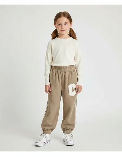 Pantalon Parachute Beige Côtelé Lettre C Enfant - Cordé