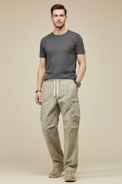 Pantalon Parachute Kaki Cargo Décontracté Ample Homme Léger - Polyester