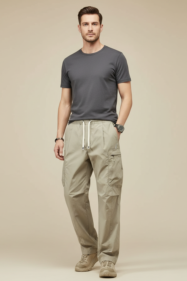 Pantalon Parachute Kaki Cargo Décontracté Ample Homme Léger - Polyester