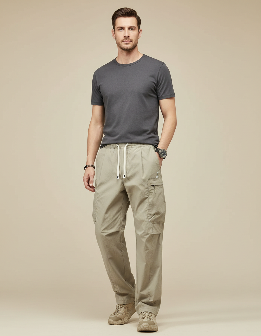 Pantalon Parachute Kaki Cargo Décontracté Ample Homme Léger - Polyester