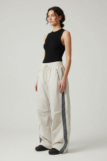 Pantalon Parachute Beige Ample Cargo Fluide Femme - Polyester