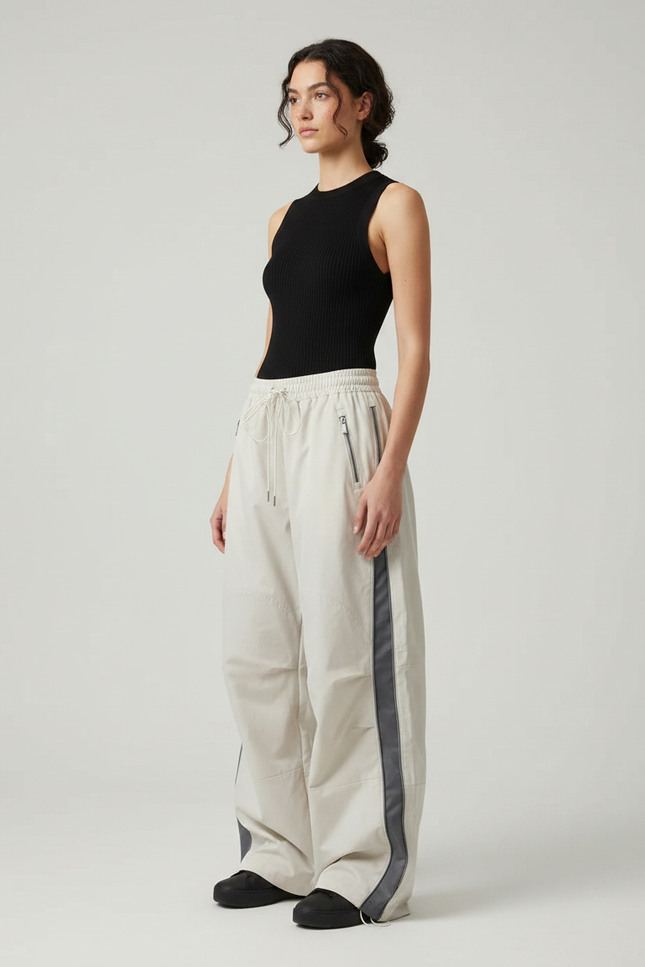 Pantalon Parachute Beige Ample Cargo Fluide Femme - Polyester