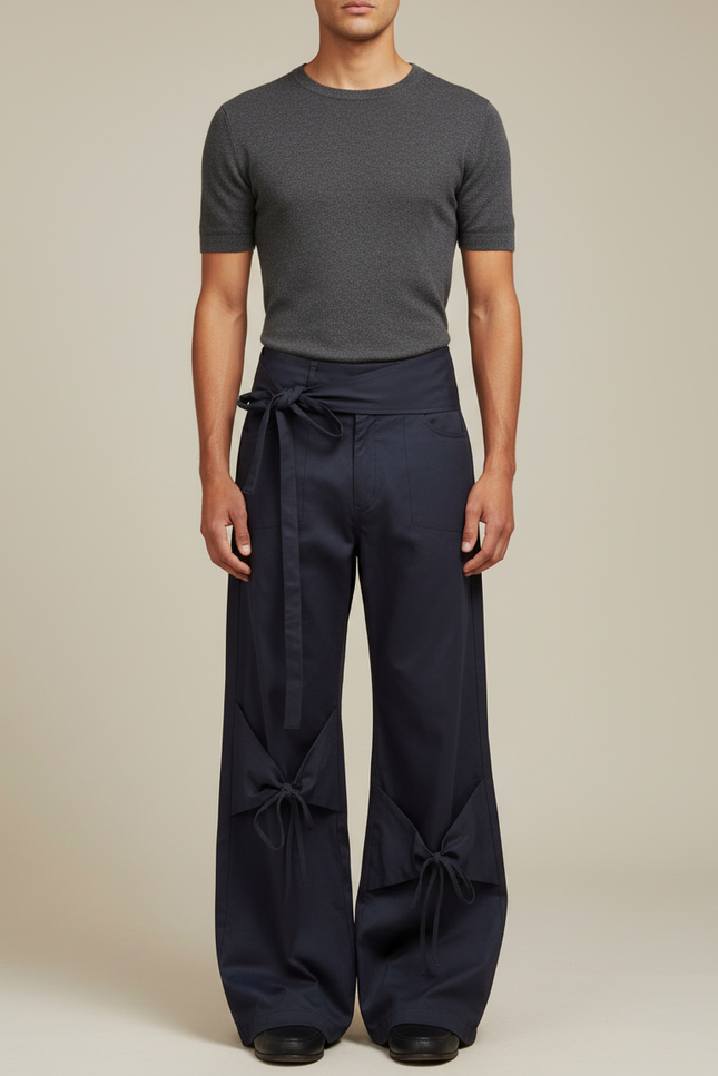 Pantalon Parachute Bleu Marine Ample À Nœuds - Toile